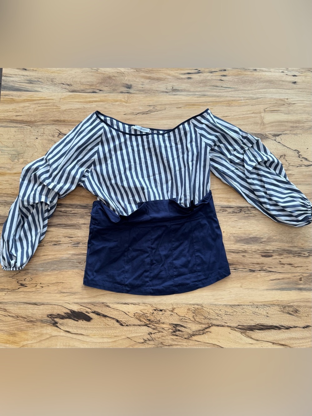 Naracamicie Navy and White Striped Off-Shoulder Blouse with Ruffle Detail